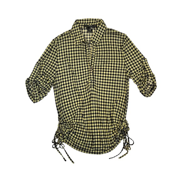 Tops - Black & yellow plaid gingham oversized ruched button up short sleeve shirt MD